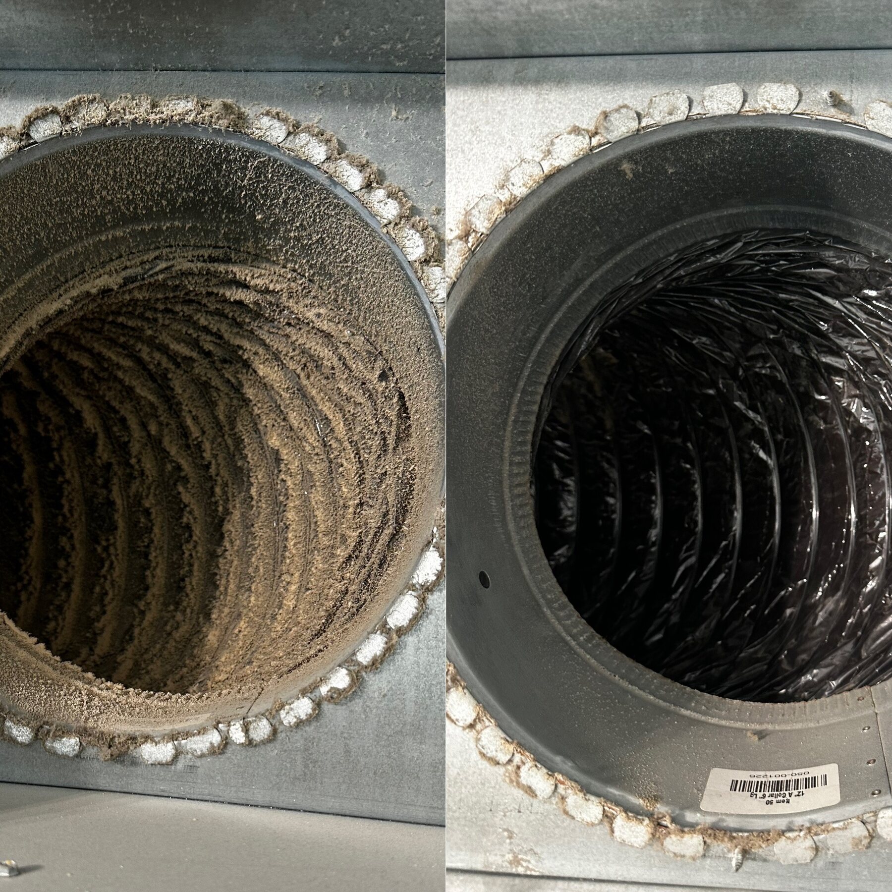 Inside of an air duct before and after cleaning, packed with dust on the left and clean on the right