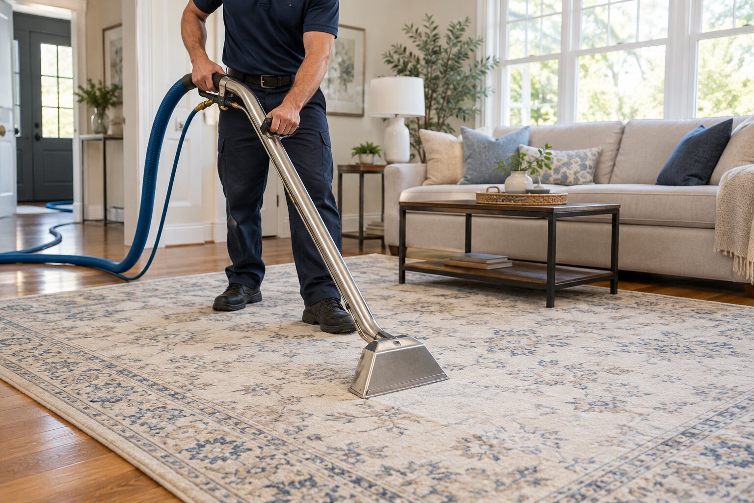 Technician cleaning an area rug with a steam cleaning wand
