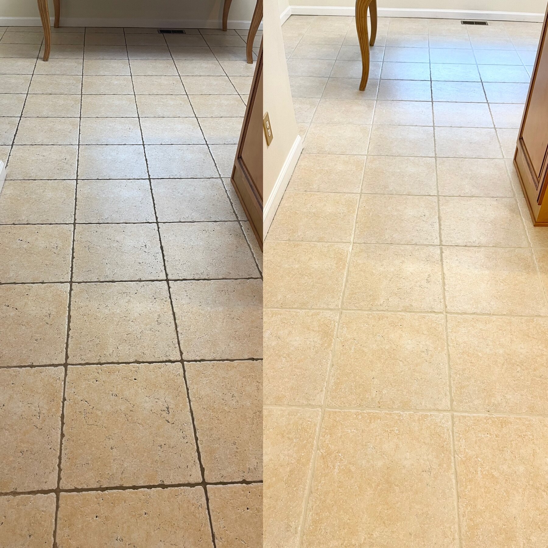 Travertine-look tile floor before and after restoration, dark grout lines on the left and clean, even color-sealed grout on the right