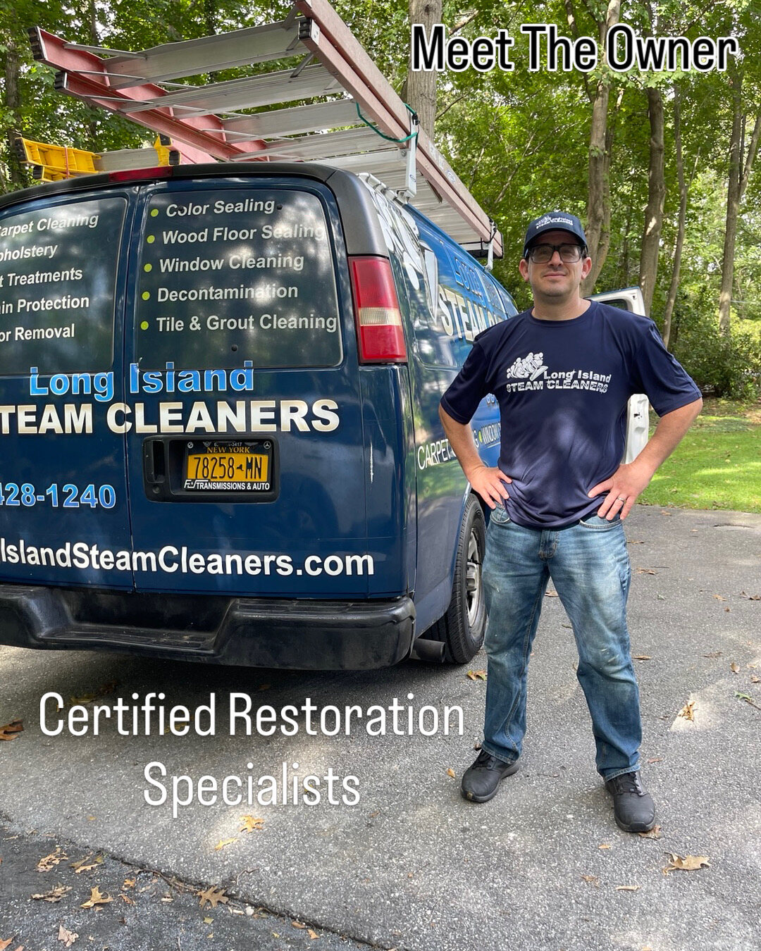 Owner Adam Schoenfeld standing in front of the Long Island Steam Cleaners van, an IICRC-certified restoration specialist
