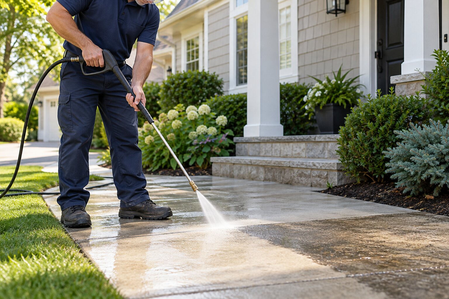 Technician pressure washing a walkway beside a home