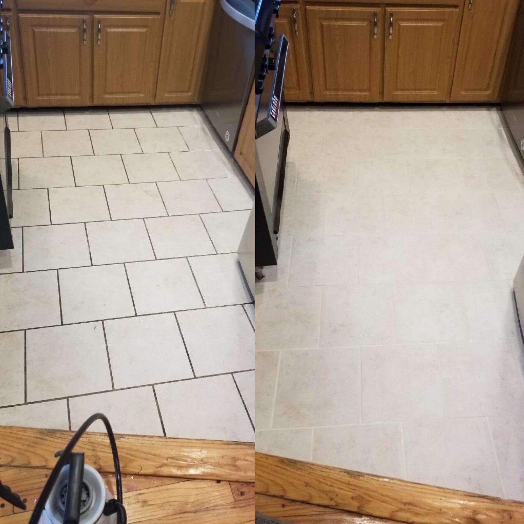 Kitchen tile floor before and after tile and grout restoration