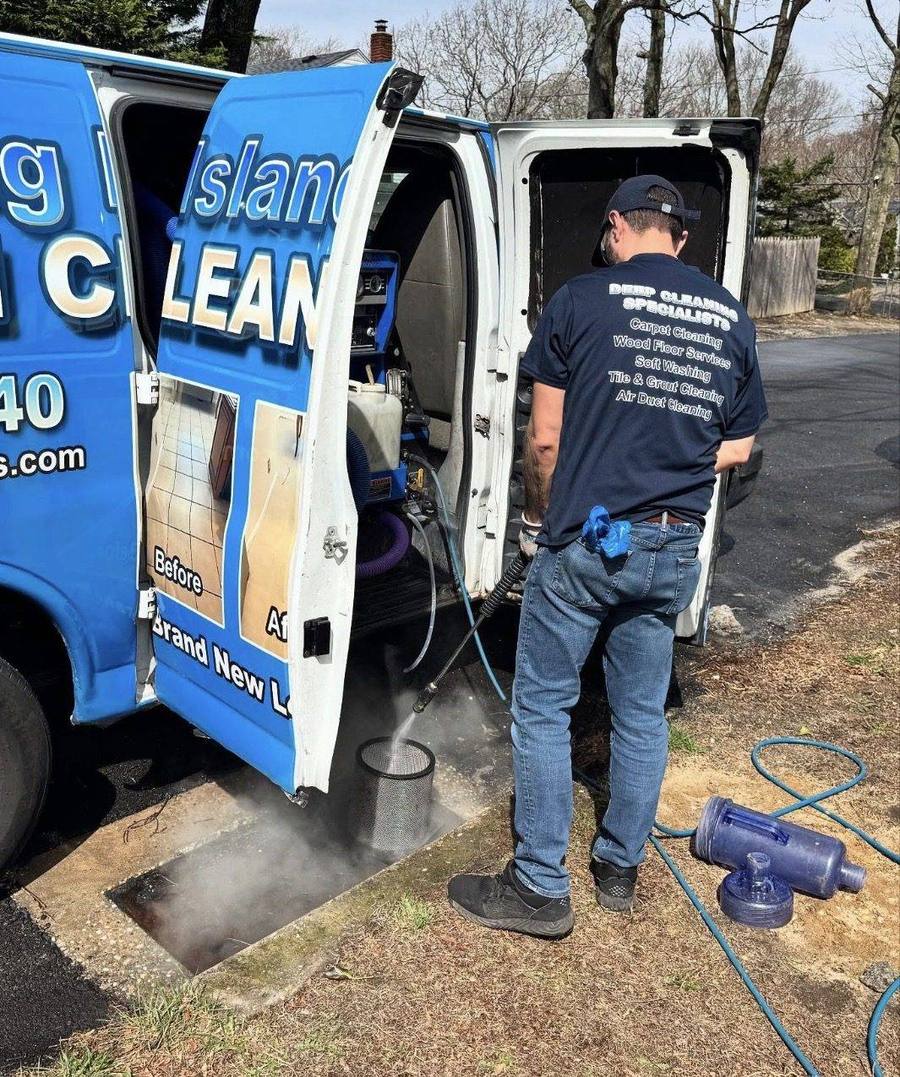 Long Island Steam Cleaners technician setting up at the van
