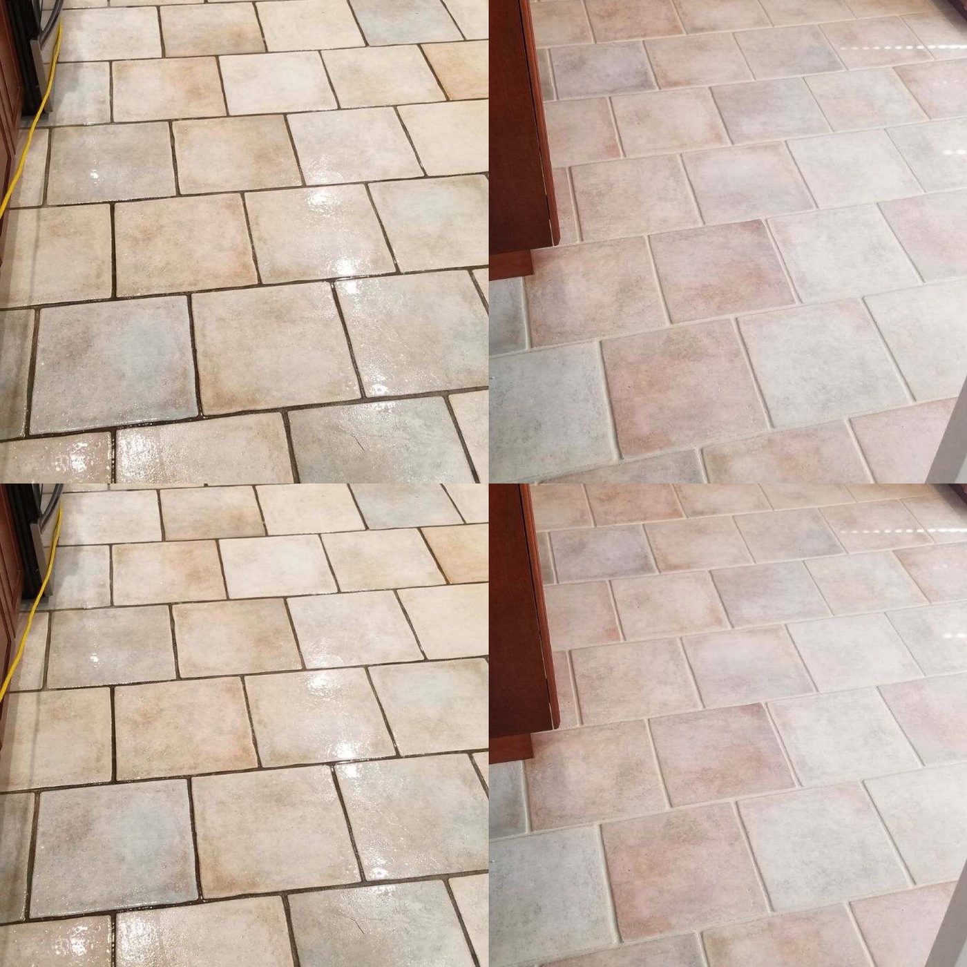 Tile floor before and after: dirty grout lines restored to a clean, even color