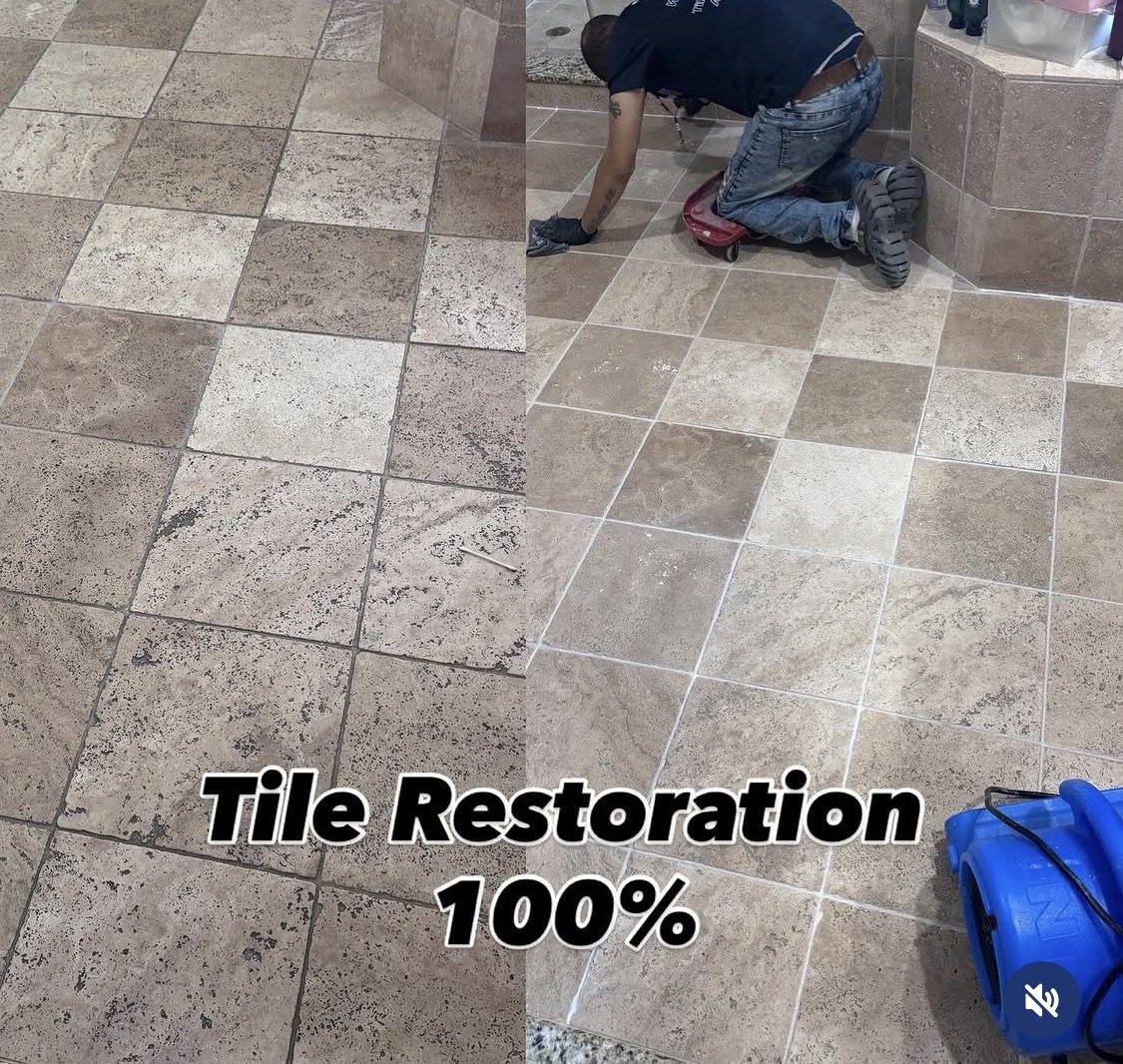 Stone-look tile mid restoration, cleaned section beside the original